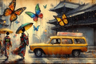 Female Pedestrians traditionally dressed with kimono with umbrellas and parasol, a yellow taxi