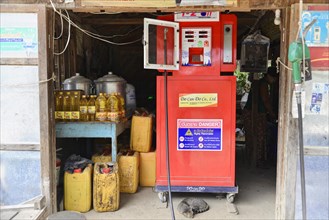 Stall selling petrol in bottles, Upper Pansodan Street, Yangon Division, Yangon, Myanmar, Asia