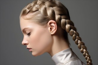 Side view of woman with blond hair styled in french braid. KI generiert, generiert AI generated
