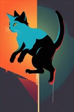 Graphic illustration of a cat against a split gradient background, minimalist vintage design muted
