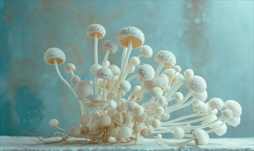 White shimeji mushrooms in a vase on a blue background. AI generated