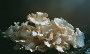 Close up of white oyster mushrooms on black background. Shallow depth of field AI generated