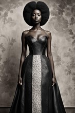 Elegant black woman in a high fashion stylish black gown with a large afro hairstyle, AI generated