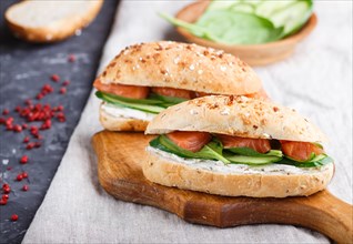 Smoked salmon sandwiches with cucumber and spinach on wooden board on a linen background. side