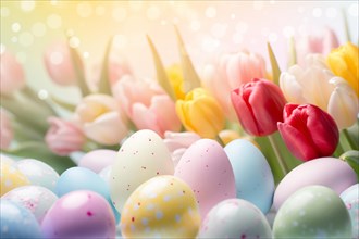 Pastel colored Easter eggs with colorful tulip flowers. KI generiert, generiert AI generated