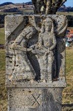 Stone relief, Way of the Cross station number 10 on the Buchenberg, Buchenberg, Allgaeu, Bavaria,