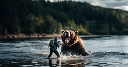 Male photographer traveler photographs an angry bear on the river, AI generated