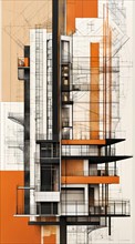 Vertical geometric abstract with architectural blueprint motifs in orange and black, vertical