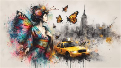 A fantastical art piece with a woman and a butterfly motif by a yellow taxi and NY skyline, off