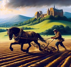 A farmer from the Middle Ages with a horse working in the fields, AI generated, AI generated