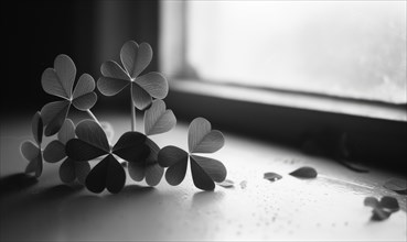 Small paper shamrocks on the windowsill. Black and white photo. AI generated