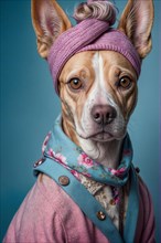 Elegant dog wearing a headband and a stylish coat with a serene expression, over grey solid studio