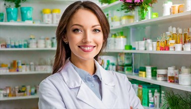 AI generated, A young pharmacist in her pharmacy, portrait, 30, 35, years, female, blonde, blond,