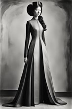 Tall Mixed-race thin Woman in a futuristic high fashion gown with a sculpted hairstyle exuding