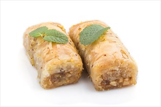 Traditional arabic sweets baklava isolated on white background. side view, close up