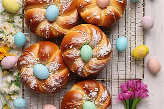 Top view of traditional Italian easter bread with easter eggs. KI generiert, generiert AI generated