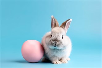 Small bunny next to pink Easter egg on blue background. KI generiert, generiert AI generated