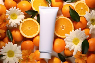 White facial cream tube surrounded by citrus orange fruits and flowers. KI generiert, generiert AI