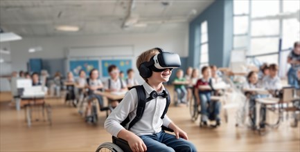 Boy in a wheelchair at school wearing VR glasses, AI generated