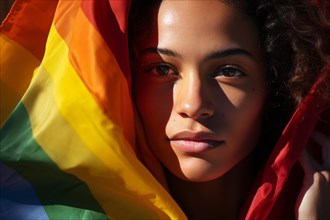 Face of young woman surrounded by LGTB rainbow flag. KI generiert, generiert AI generated