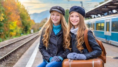 AI generated, Two young blonde woman want to travel and wait in the station for the train, 18,