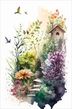 Vibrant watercolor garden with birds, a birdhouse, and a variety of wildflowers in a peaceful