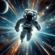 An astronaut in a spacesuit flies at breakneck speed, the speed of light, through space, symbolic