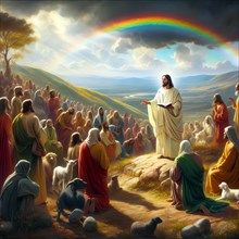 Jesus Christ proclaims the Sermon on the Mount, symbolic image myth, religion, saviour,