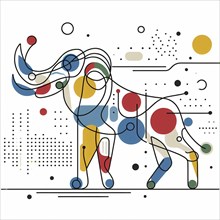 Modern abstract line art of a mammoth with geometric shapes and primary colors, continuous line