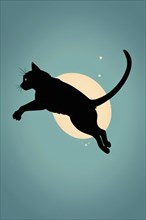 A minimalist art of a cat's silhouette jumping in front of a pale yellow circle, minimalist vintage