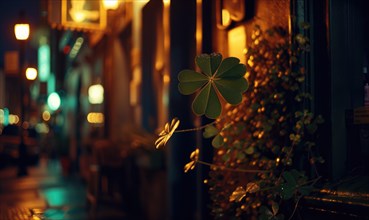 St. Patrick's Day. Golden clover on the background of night street. AI generated