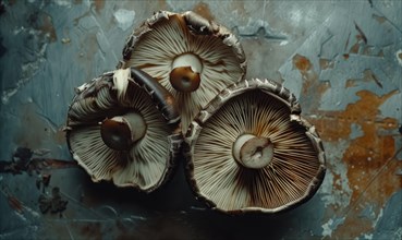 Fresh shiitake mushrooms on a dark background. Vintage photo style AI generated