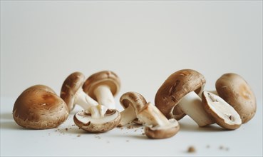 Fresh champignon mushrooms on white background. Shallow depth of field. AI generated