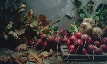 Fresh radishes and beets on a wooden table with autumn leaves. AI generated