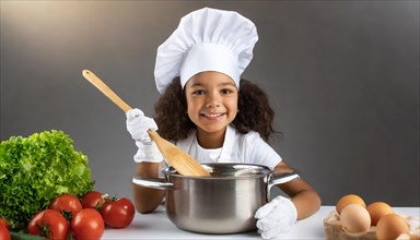 AI generated, human, humans, person, persons, child, children, 8 year old girl cooking a vegetable
