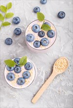 Yoghurt with blueberry and sesame in a glass and wooden spoon on gray concrete background. top