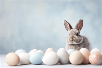 Bunny with Easter eggs on blue background. KI generiert, generiert AI generated