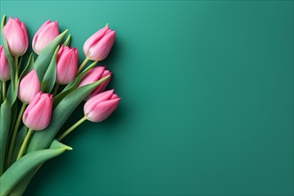 Bunch of pink tulip spring flowers on side of green background with copy space. KI generiert,