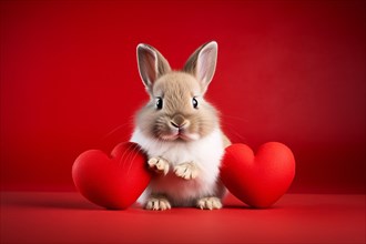 Cute bunny with red hearts in front of studio background. KI generiert, generiert AI generated