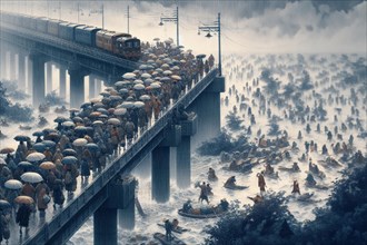 A surreal busy scene of commuters with umbrellas walking near a train on a foggy bridge, AI
