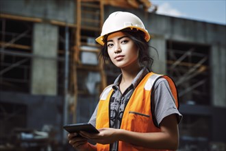 Young female Asian construction worker with safety helmet and vest. KI generiert, generiert AI