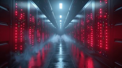 A misty corridor flanked by server racks with glowing red lights in a data center, ai generated, AI