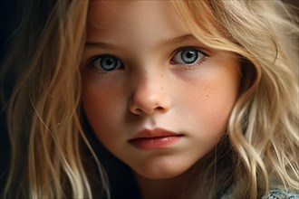 Portrait of young caucasian gilr child with blond hair and blue eyes. KI generiert, generiert AI