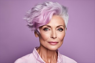 Mature woman with unusual punkish short purple hair. KI generiert, generiert AI generated