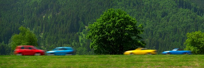 Cars motion blur, Unterammergau, Bavaria, Germany, Europe