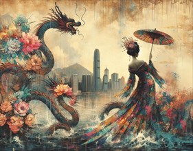 Surreal image of an Asian tall sexy traditional woman with an umbrella, a fantasy dragon, and