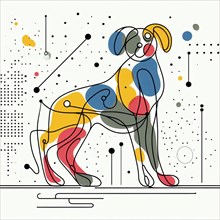 Whimsical abstract geometric composition featuring a colorful dog with bold shapes, continuous line