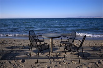 Sea, table and chairs, beach bar, beach, Peraia, also Perea, Thessaloniki, Macedonia, Greece,