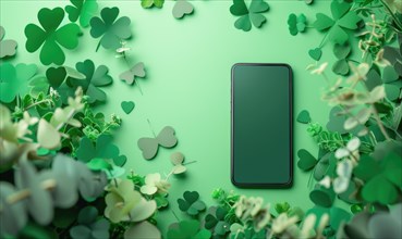 Smartphone mockup with green clover leaves on a green background. AI generated