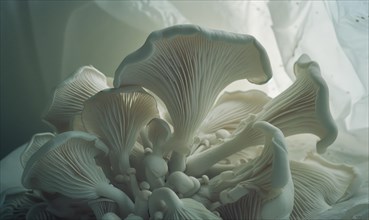 White oyster mushrooms on a white background. Selective focus AI generated
